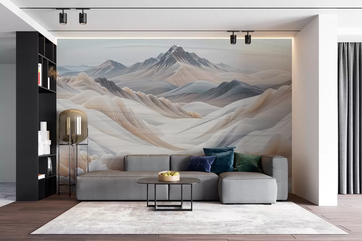 murales de pared Impresión de paisaje montañoso con picos nevados en tonos beige de estética minimalista.  w08191