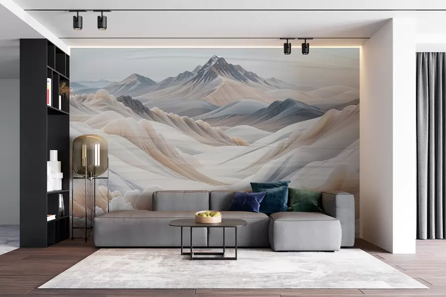 murales de pared Impresión de paisaje montañoso con picos nevados en tonos beige de estética minimalista.  w08191