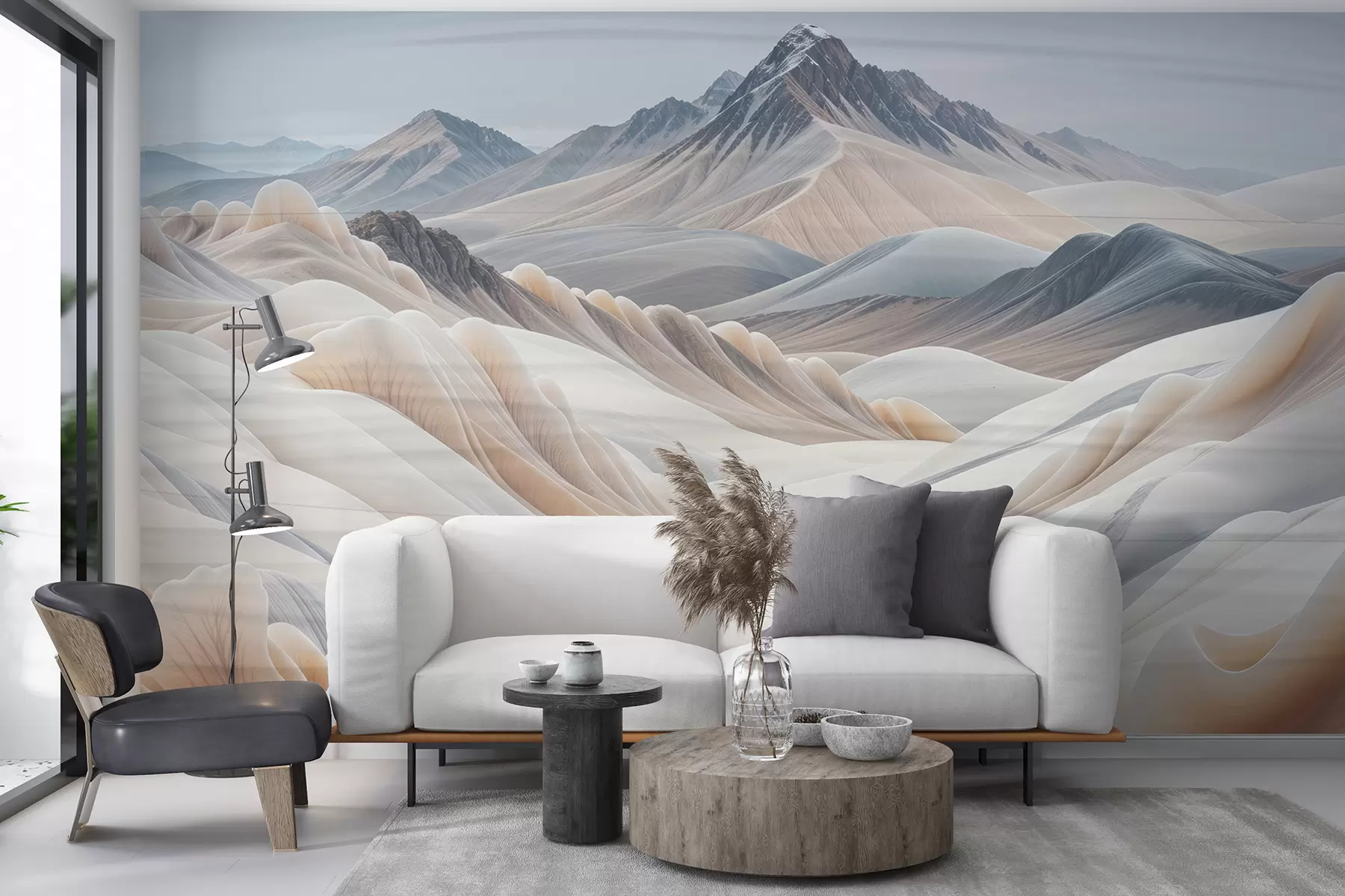 murales de pared Impresión de paisaje montañoso con picos nevados en tonos beige de estética minimalista.  w08191