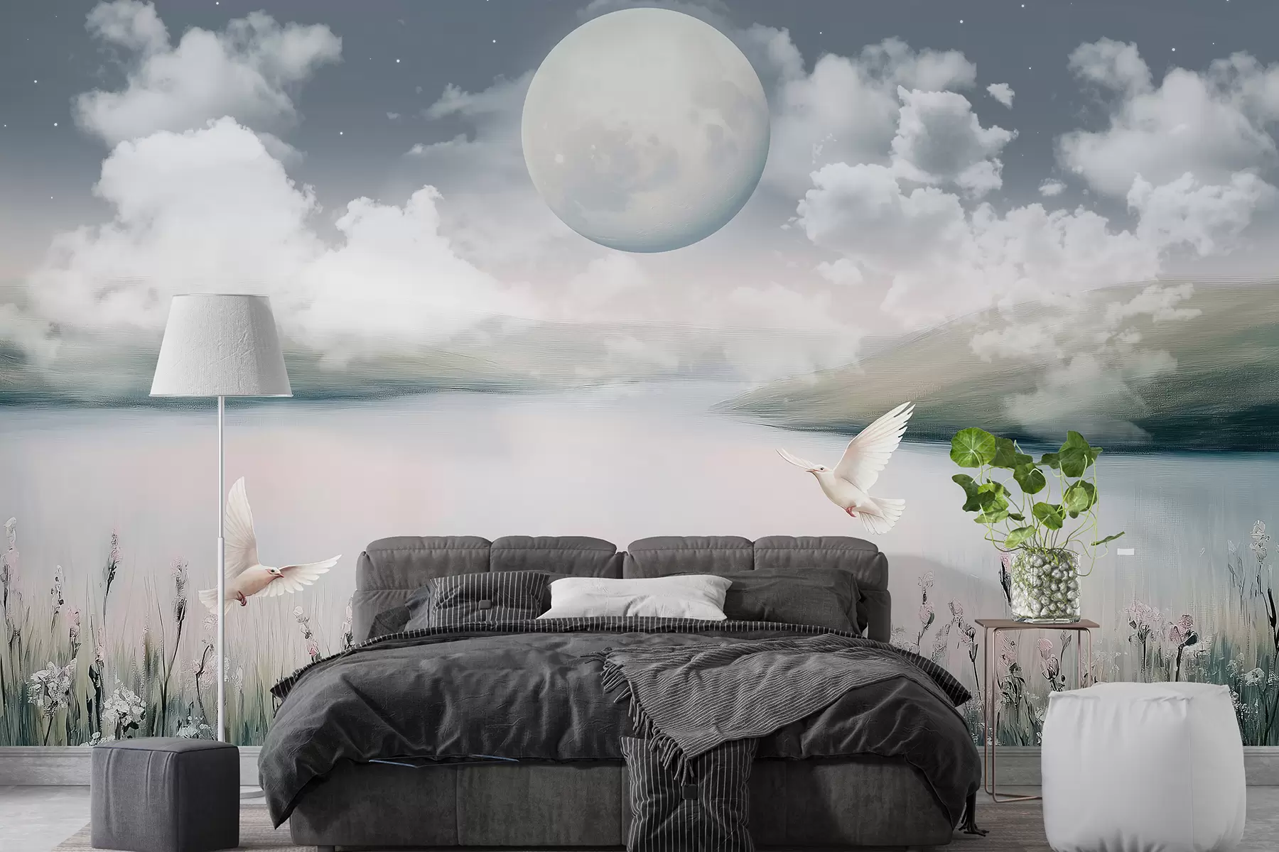 murales de pared Hermoso paisaje con lago, prado de flores, luna en el cielo estrellado nocturno, pájaros voladores, nubes. w01389