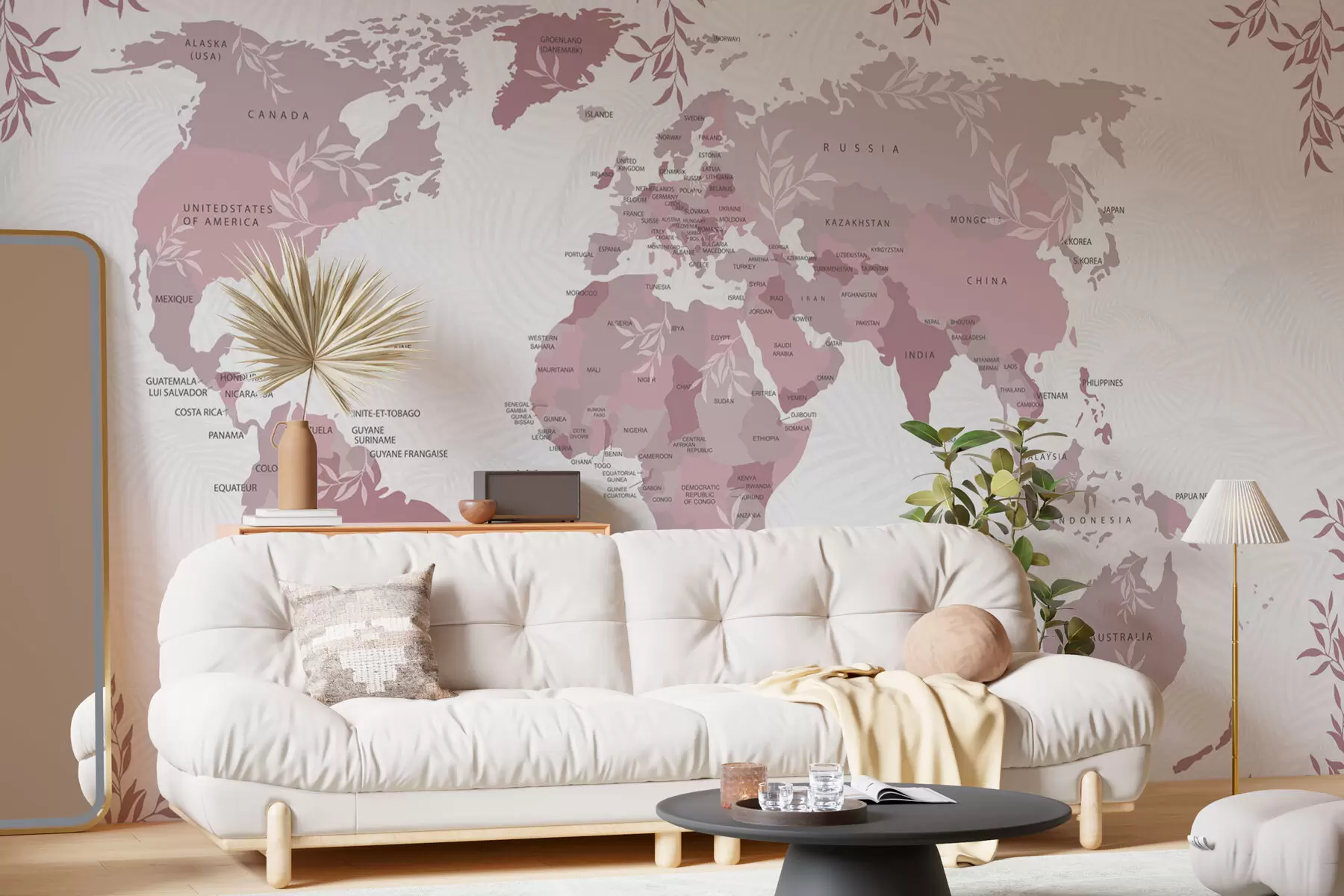 murales de pared Mapa del mundo elegante con hojas y plantas de color rosa. w08211v3