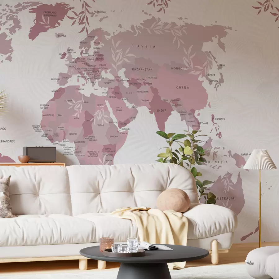 murales de pared Mapa del mundo elegante con hojas y plantas de color rosa w08211v3