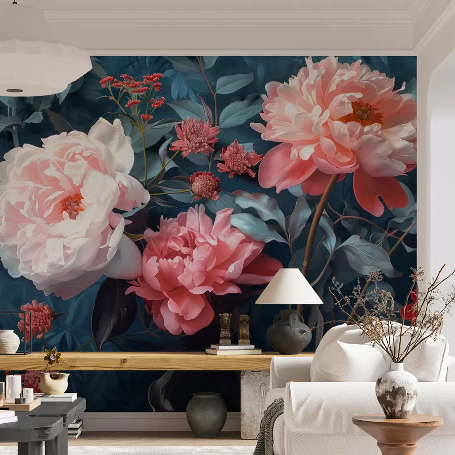 murales de pared Flores de peonía de medianoche w01392