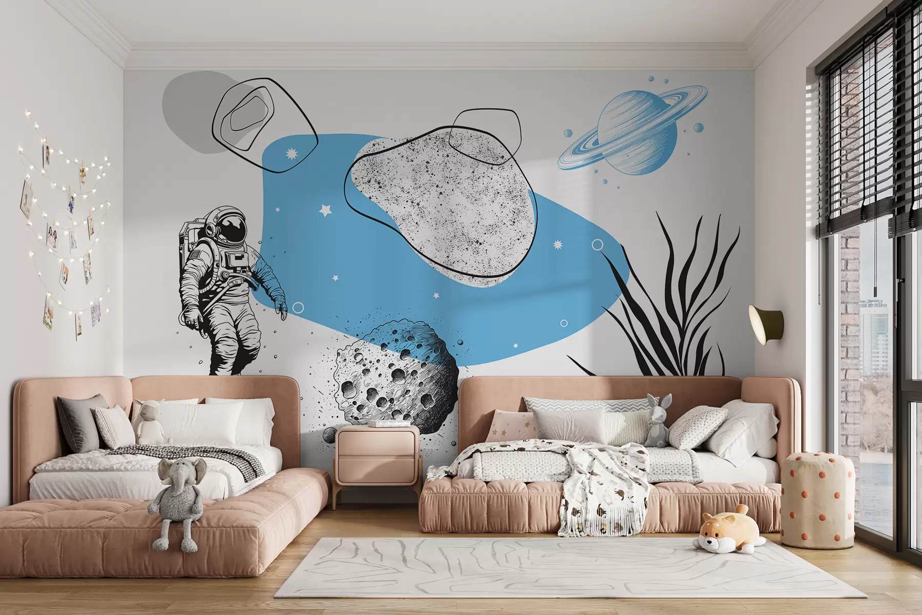 murales de pared Abstracción con astronauta, meteoritos, saturno, manchas de acuarela, color azul y negro. w01436