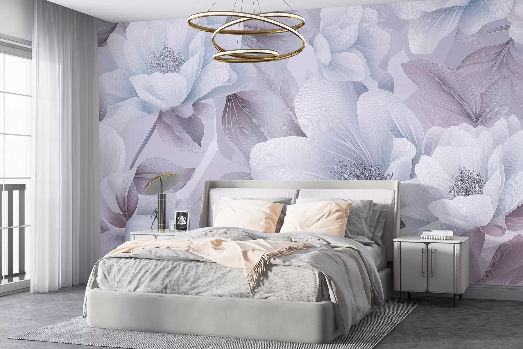 murales de pared Hermosas flores acrílicas, composición floral, naturaleza, colores pastel azul y morado. w01449v2