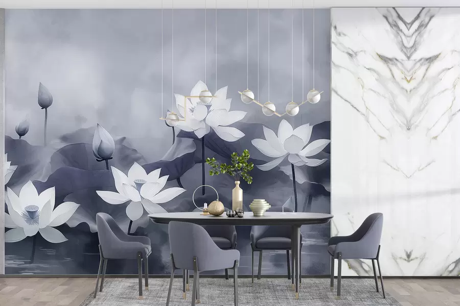 murales de pared Lotos en el lago, naturaleza, niebla, dibujo acrílico, hojas grandes, jungla, colores grises suaves w01450v1