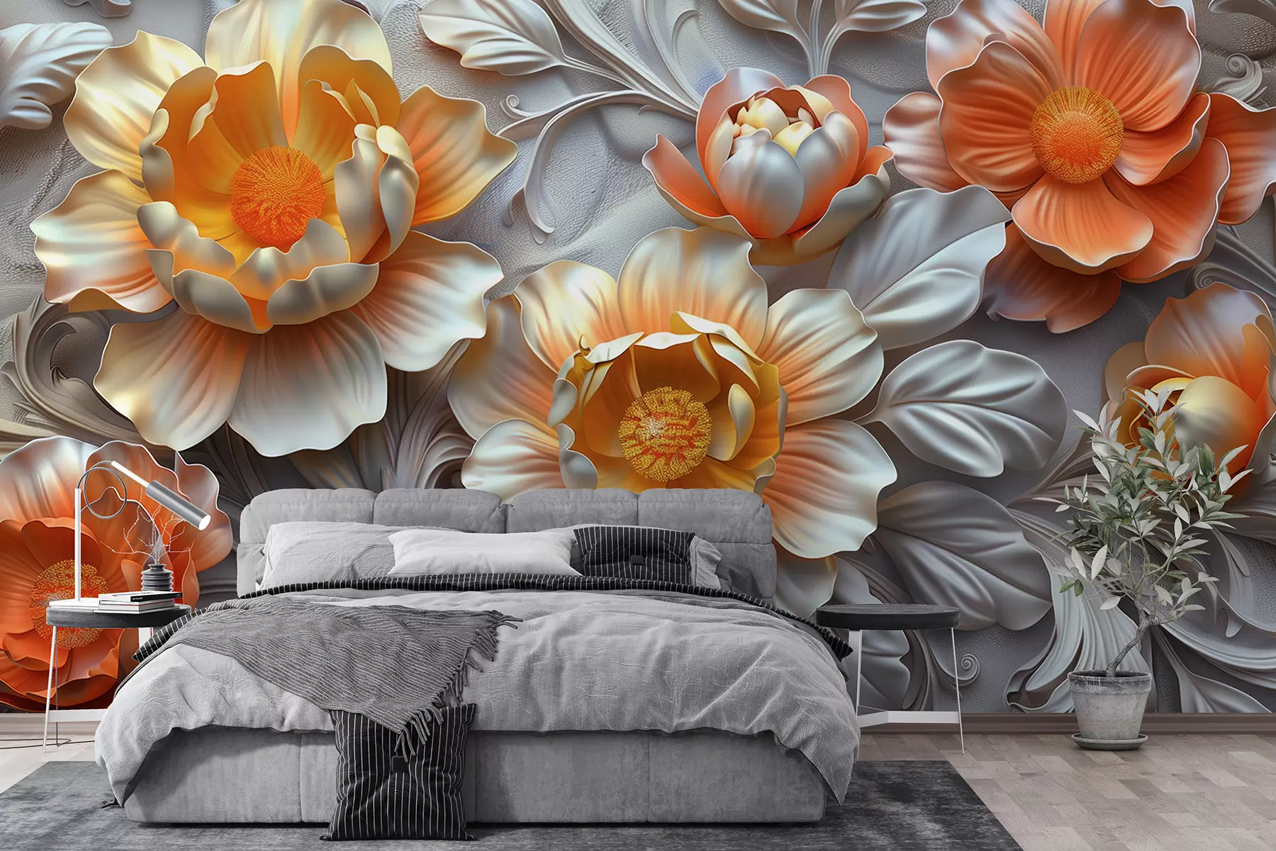 murales de pared Ilustración 3D de flores abstractas brillantes en estilo barroco sobre un fondo floral gris w01427v1