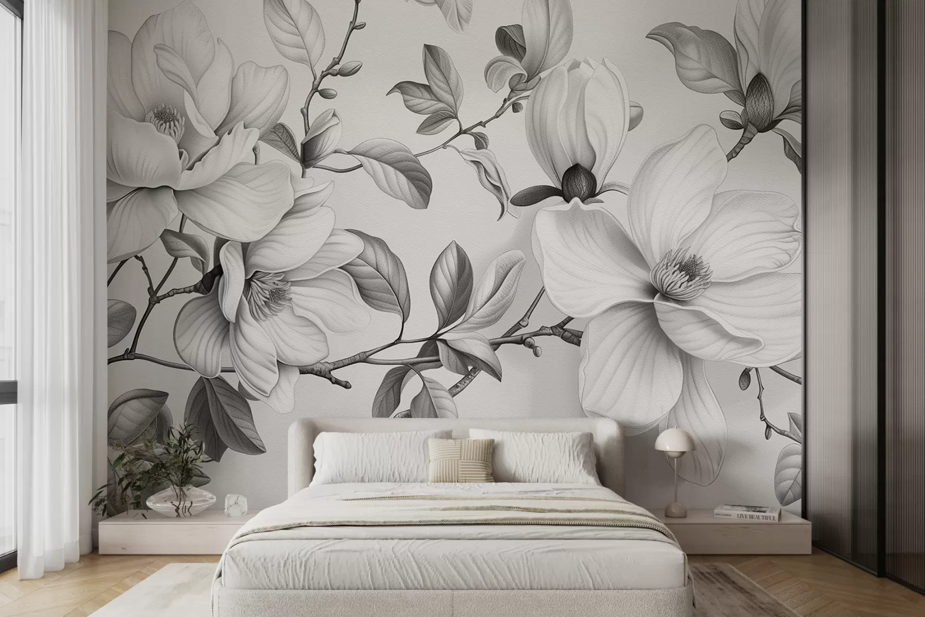 murales de pared Elegancia monocromática de magnolia w01429