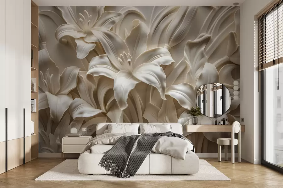 murales de pared Elegante relieve tridimensional de color beige de lirios tallados w01433