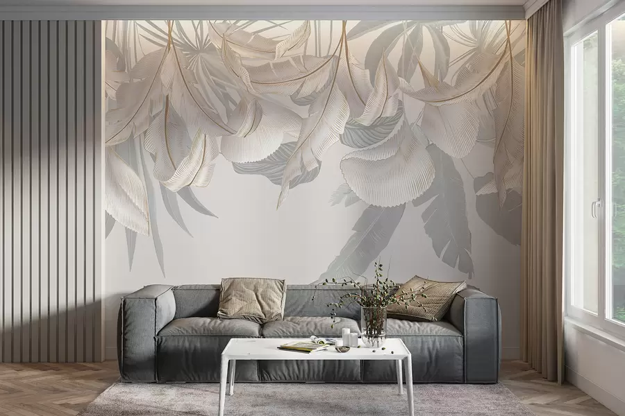 murales de pared Delicadas hojas tropicales florales blancas y grises que crean un fondo suave y etéreo w08217
