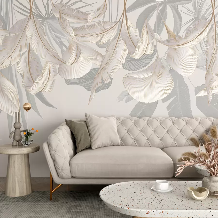 murales de pared Delicadas hojas tropicales florales blancas y grises que crean un fondo suave y etéreo w08217
