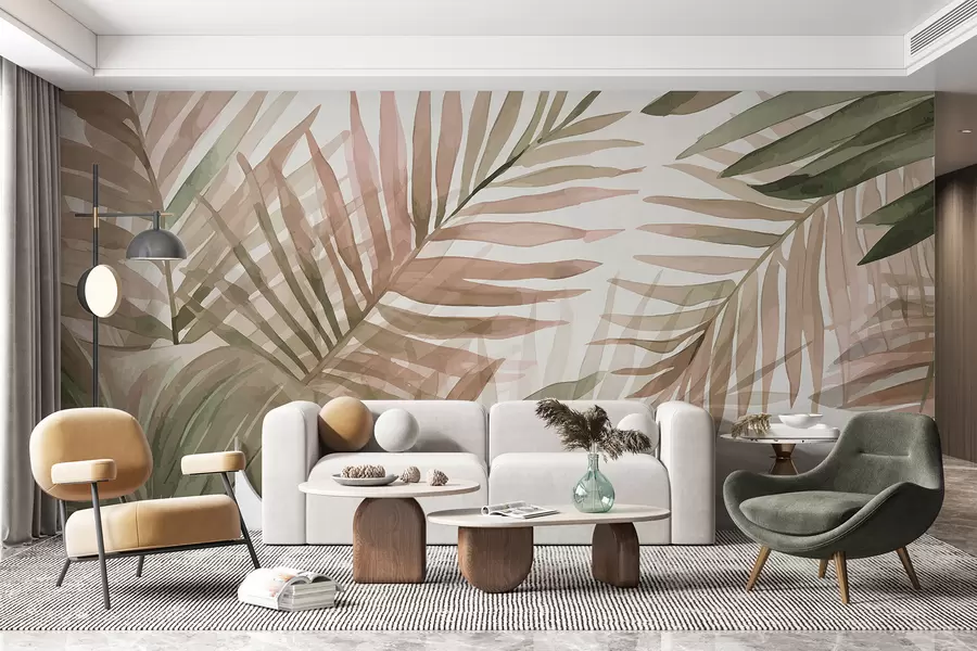 murales de pared Hojas de palmera en acuarela en varios tonos de verde y rosa sobre un fondo claro w08218