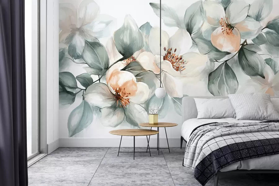 murales de pared Delicadas flores de magnolia blancas y rosas con hojas verdes suaves sobre un fondo claro. w08220