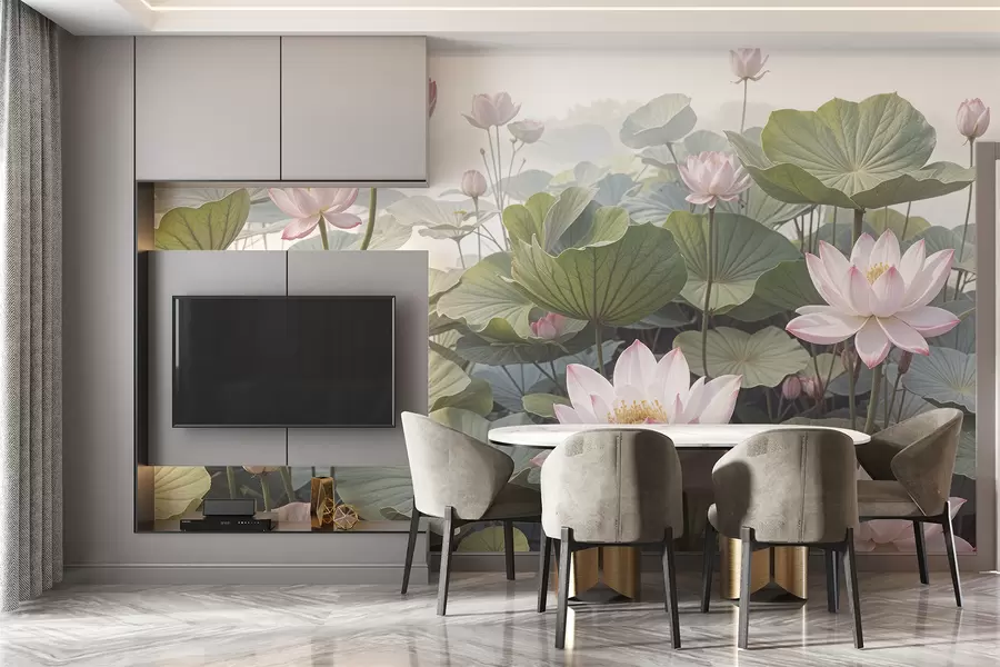 murales de pared Flores de loto rosas y blancas con grandes hojas verdes, rodeadas de un fondo atmosférico y brumoso w08221