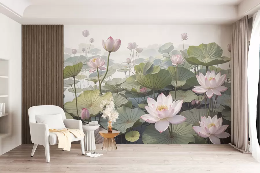 murales de pared Flores de loto rosas y blancas con grandes hojas verdes, rodeadas de un fondo atmosférico y brumoso w08221