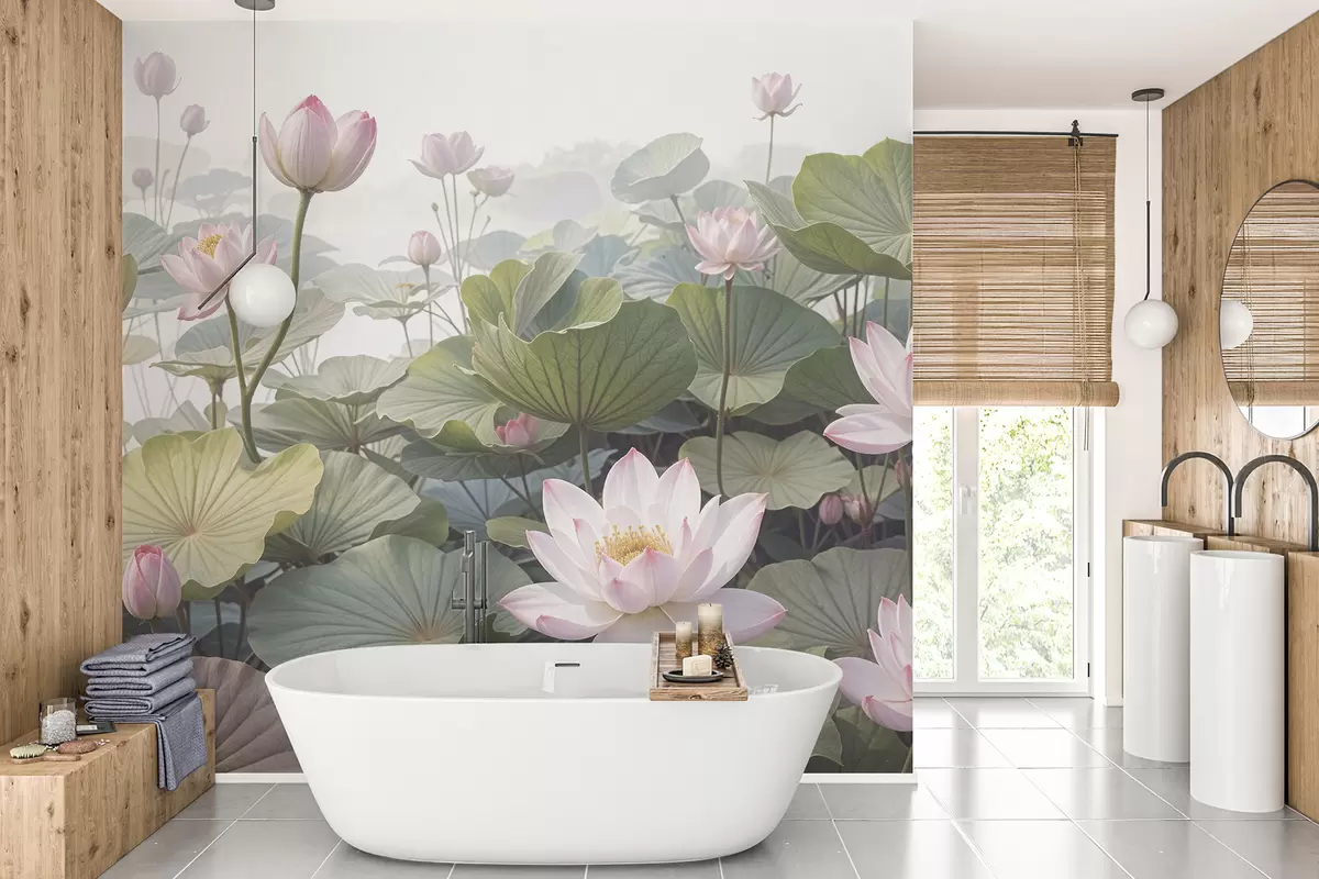 Murales de pared Flores de loto rosas y blancas con grandes hojas verdes, rodeadas de un fondo atmosférico y brumoso. w08221 murales de pared Flores de loto rosas y blancas con grandes hojas verdes, rodeadas de un fondo atmosférico y brumoso. w08221