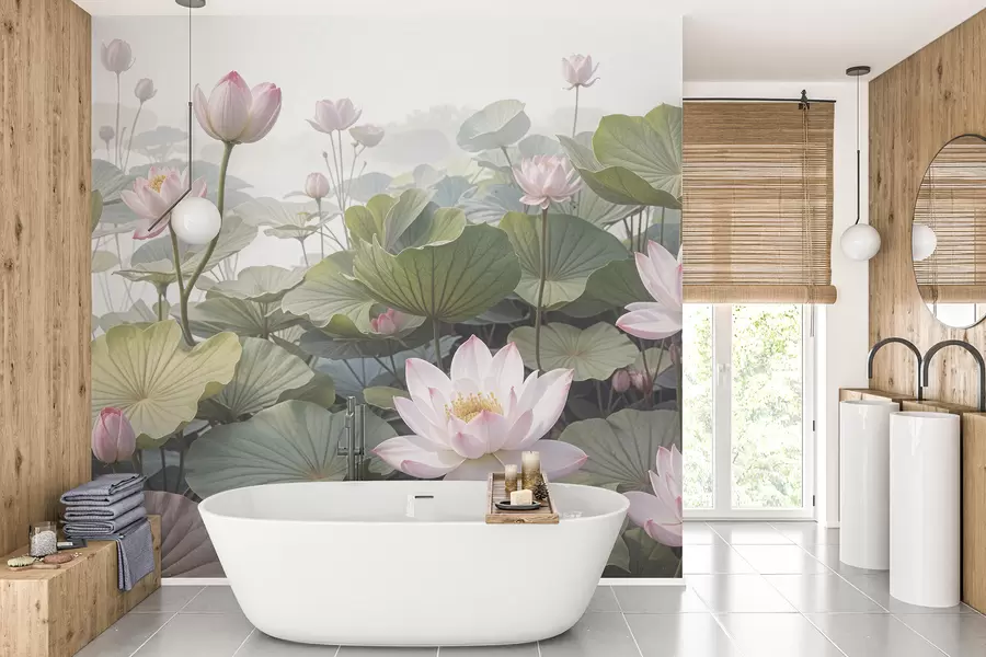 Murales de pared Flores de loto rosas y blancas con grandes hojas verdes, rodeadas de un fondo atmosférico y brumoso. w08221 murales de pared Flores de loto rosas y blancas con grandes hojas verdes, rodeadas de un fondo atmosférico y brumoso. w08221