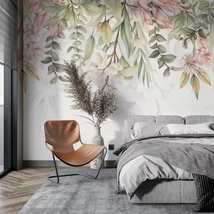 murales de pared Delicadas flores rosas y blancas con hojas y tallos verdes sobre un fondo claro w08222