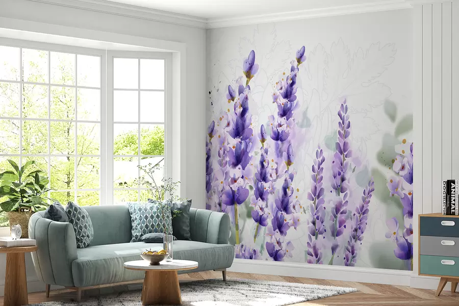 murales de pared Flores de lavanda morada en un campo, con enfoque suave y fondo borroso w08231