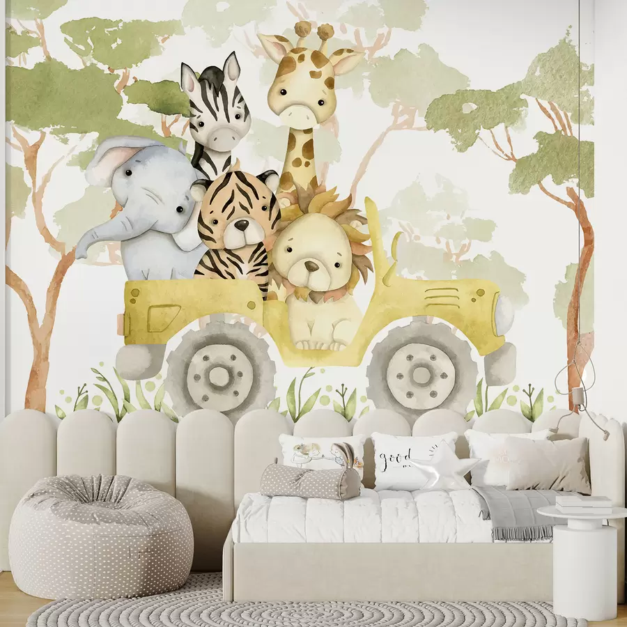 murales de pared Un camión de juguete amarillo que transporta una jirafa, un tigre, un conejo y un elefante, sobre un fondo de follaje verde. w08233