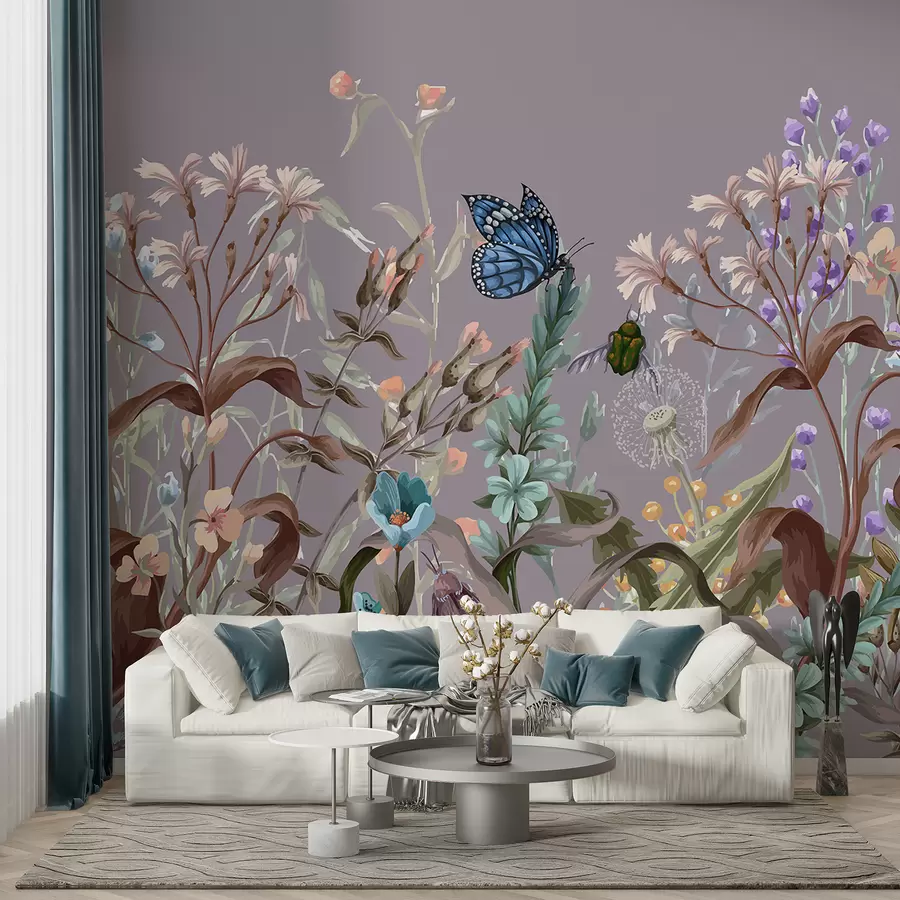murales de pared Una colorida ilustración violeta de una escena de jardín exuberante y florido con insectos en un estilo fantástico y onírico w08234v1