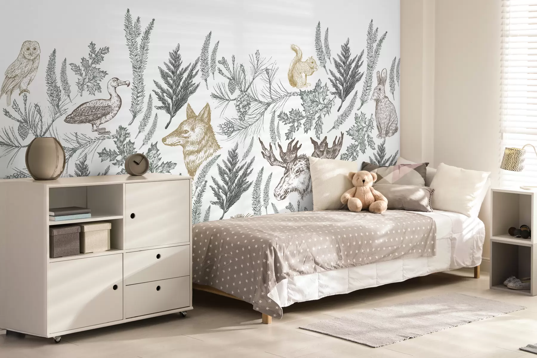 murales de pared Papel pintado para habitación infantil con animales del bosque, liebres, ciervos y plantas, en tonos pastel gris verdoso y marrón. w00952