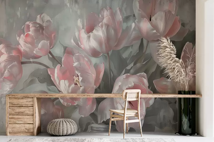 murales de pared Tulipanes rosas en estilo vintage w00966