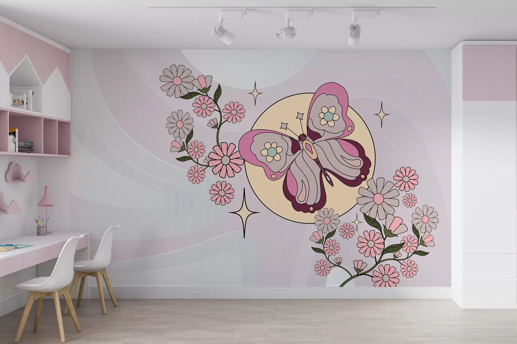 murales de pared Papel pintado con una mariposa rosa sobre un fondo gris-rosa claro entre flores en un estilo sencillo para la habitación de una niña w00985