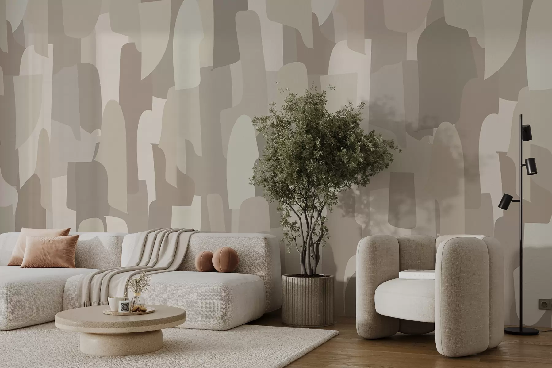 murales de pared Papel pintado de arte moderno abstracto en tonos beige que imita piezas de colores para un diseño interior elegante w00987