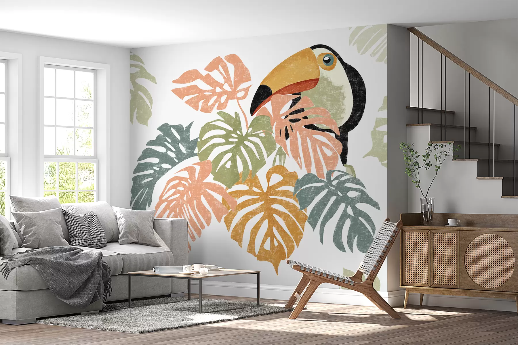 murales de pared Tucán sentado en el follaje de una monstera tropical, dibujo de imitación de trazo w01009