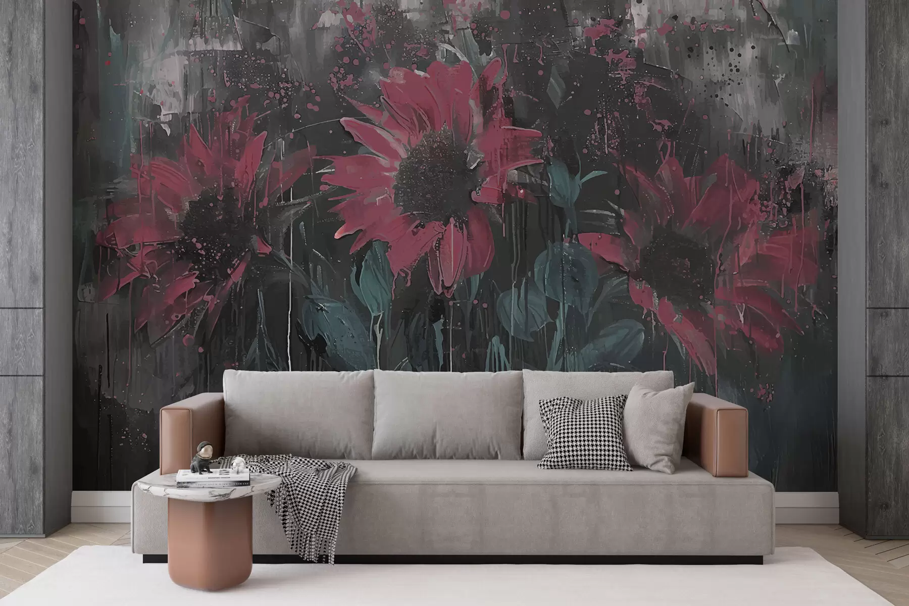 murales de pared Imagen abstracta de girasol, fondo gris oscuro y tonos rojo-rosados w01480v1