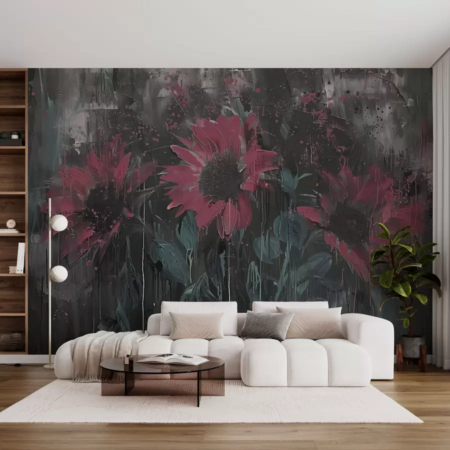 murales de pared Imagen abstracta de girasol, fondo gris oscuro y tonos rojo-rosados w01480v1