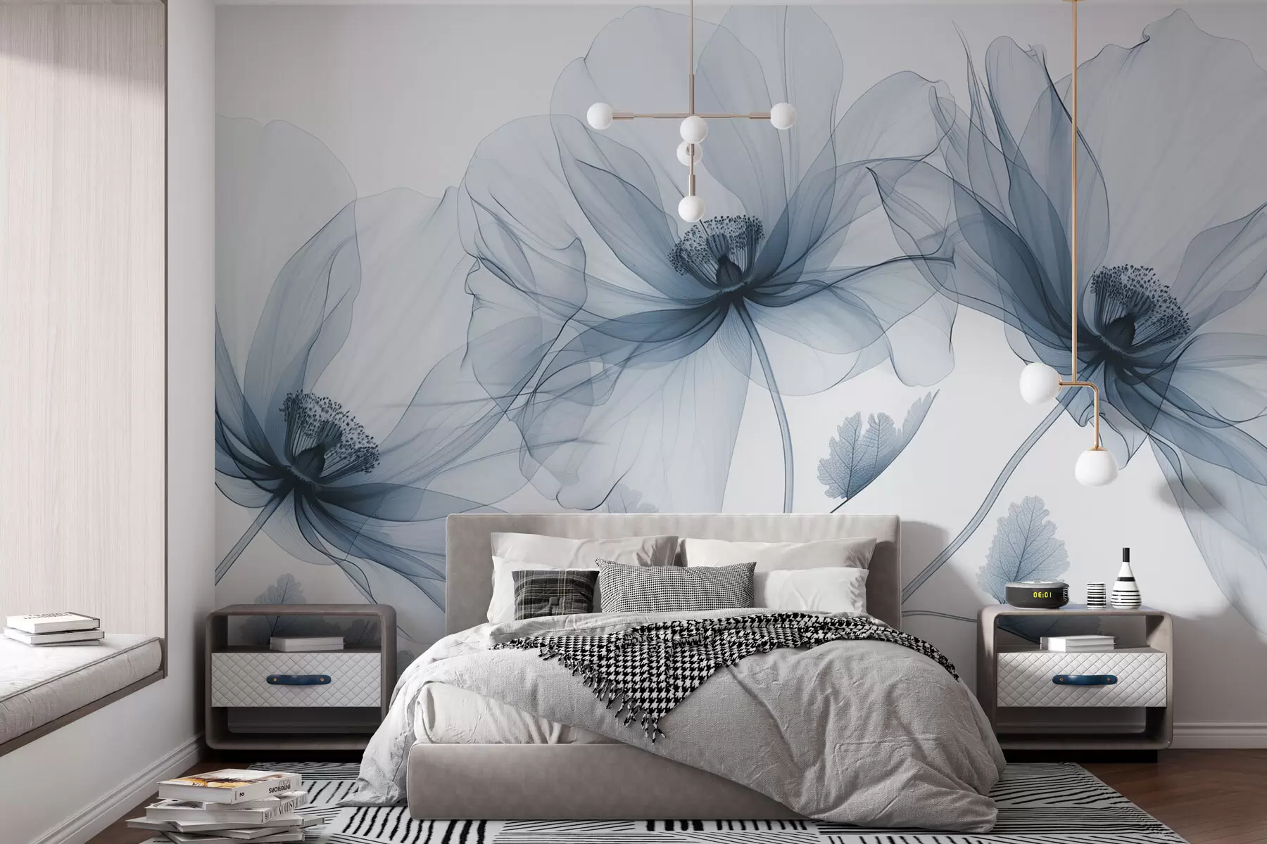 murales de pared Flor azul transparente en estilo de rayos X sobre fondo blanco Diseño botánico monocromático minimalista w01482v1