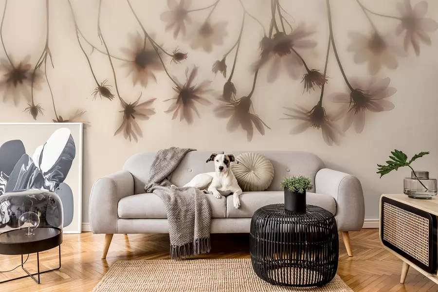 murales de pared Delicadas flores en la niebla colgando desde arriba en colores rosados w01469