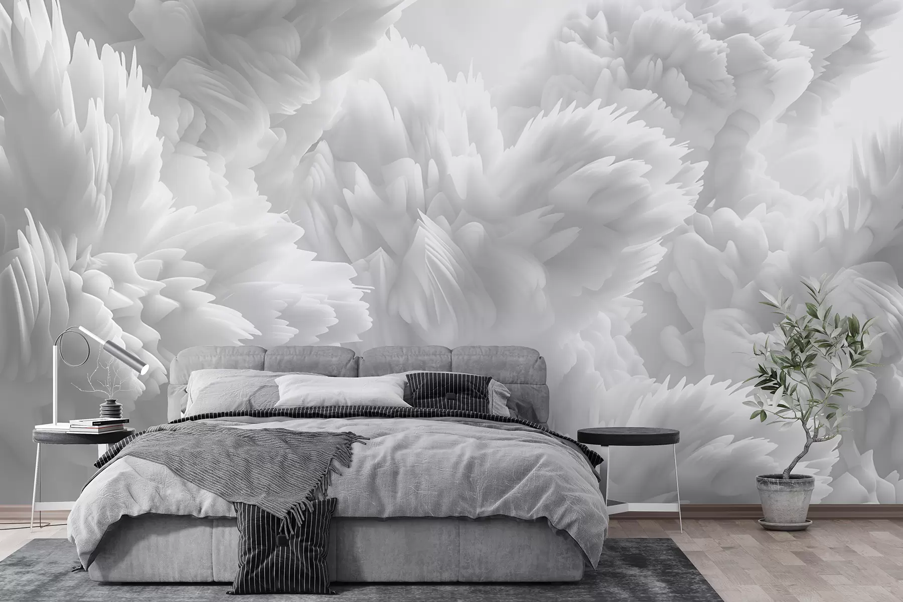 murales de pared Composición abstracta de cristales de nieve en un patrón de plumas de varias capas en una atmósfera etérea w01474