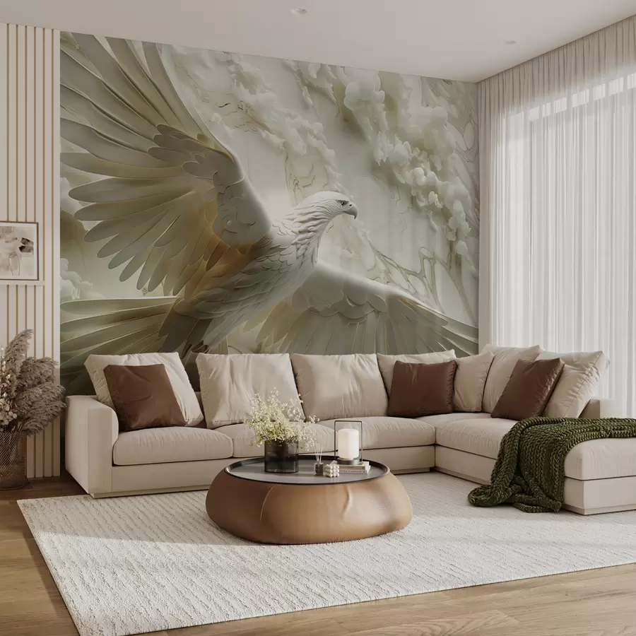 murales de pared Águila blanca 3D sobre un fondo de nubes y mármol w01477