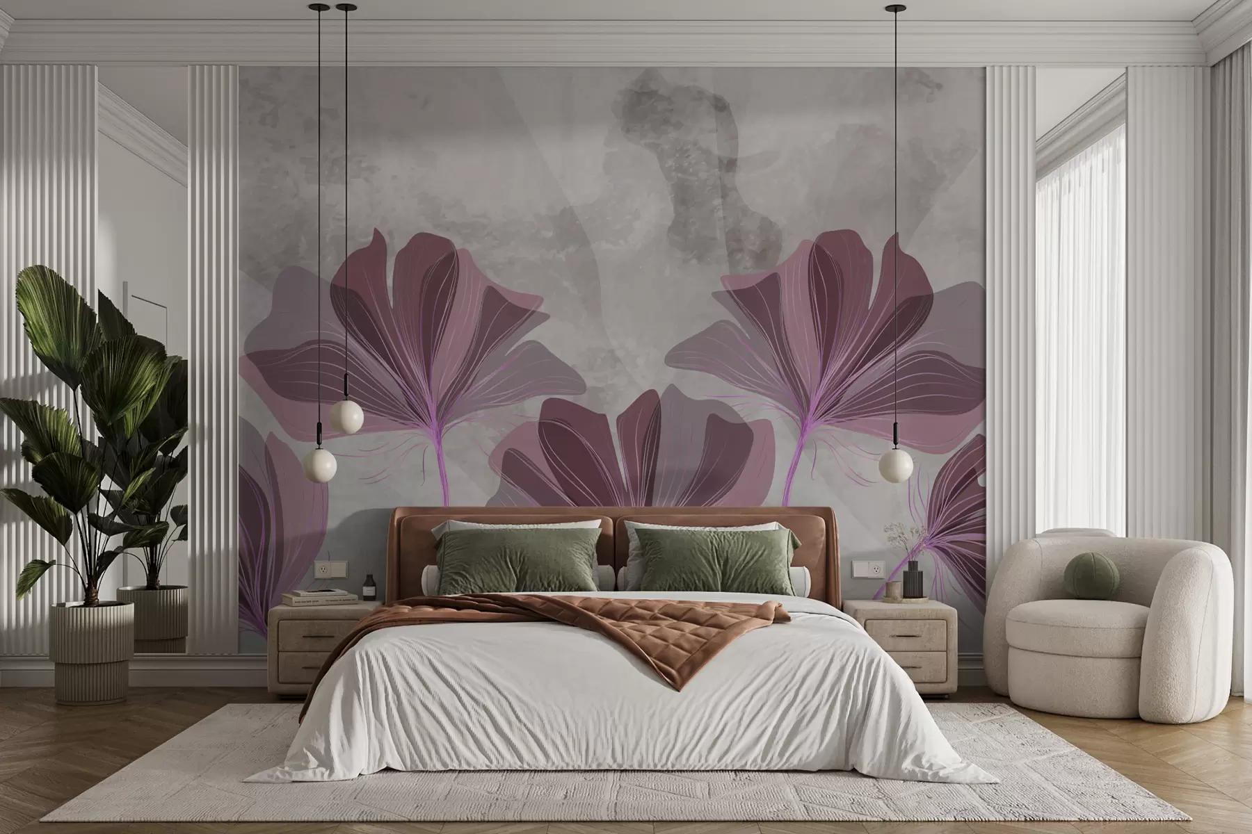 murales de pared flores grandes, acuarela, flores rosas, fondo gris w01031v2