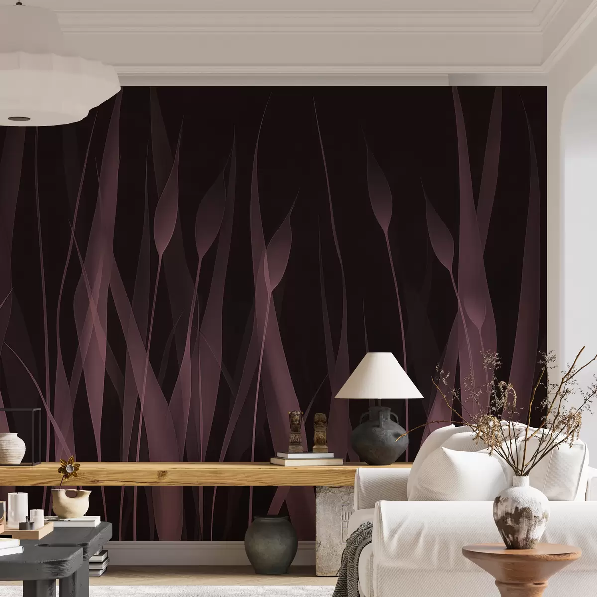 murales de pared Tiernas hojas rosadas sobre un fondo oscuro w01019