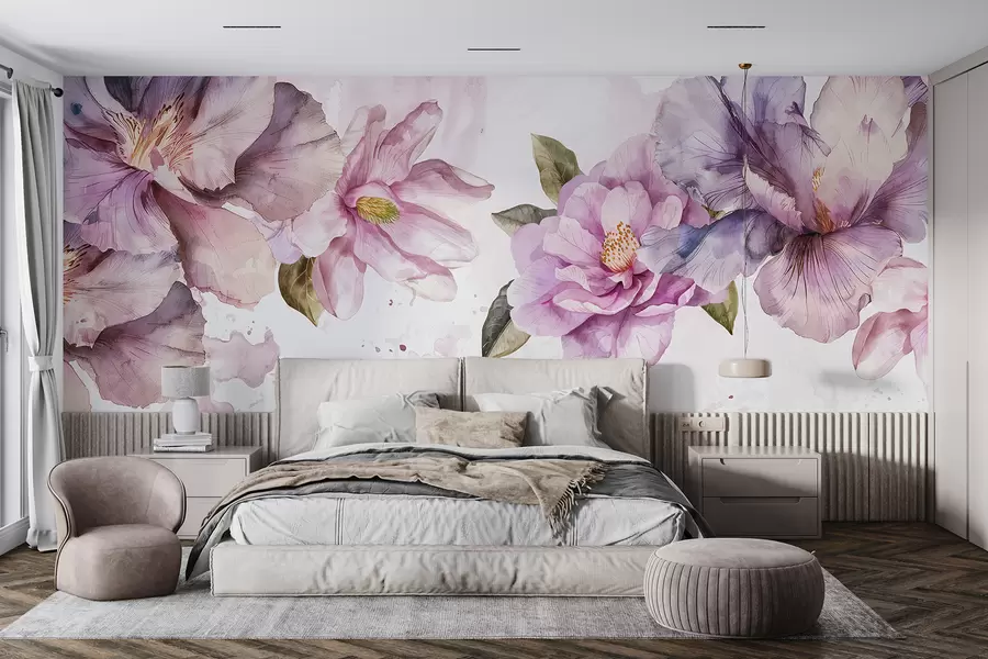 murales de pared Delicadas flores de acuarela de color rosa y morado con pétalos suaves y hojas verdes sobre un fondo claro w08238