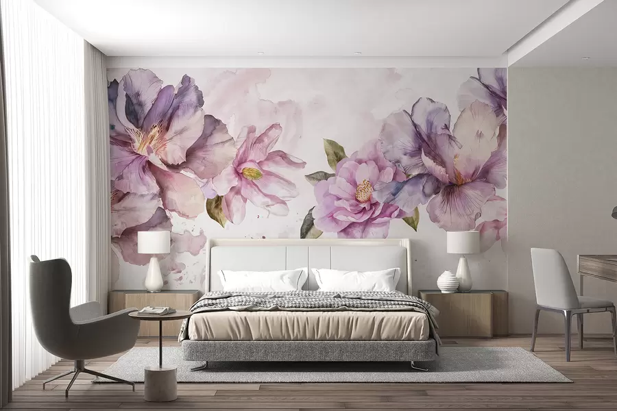 murales de pared Delicadas flores de acuarela de color rosa y morado con pétalos suaves y hojas verdes sobre un fondo claro w08238