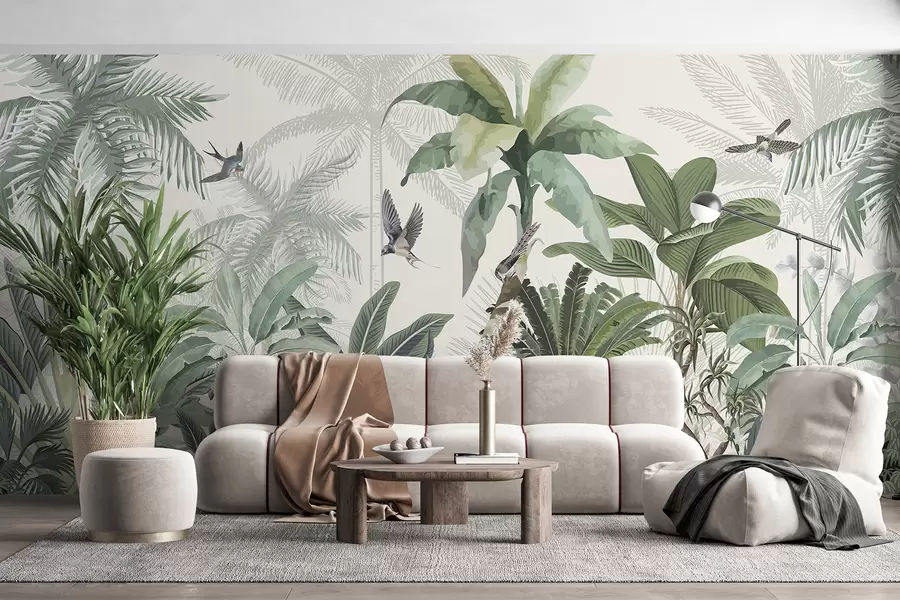 murales de pared Una exuberante escena de jungla tropical con varias palmeras, hojas grandes y flores coloridas en primer plano w08239