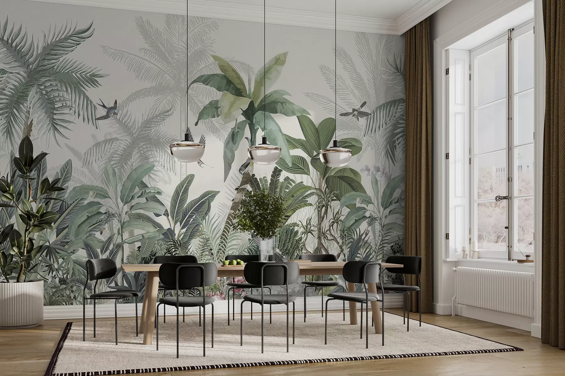 murales de pared Una exuberante escena de jungla tropical con varias palmeras, hojas grandes y flores coloridas en primer plano. w08239