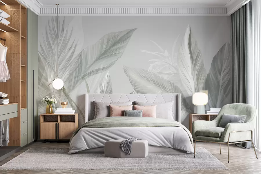 murales de pared Suaves plumas blancas, verdes y grises y hojas tropicales flotando sobre un fondo claro w08241