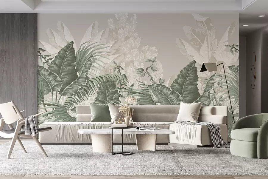 murales de pared Una escena de jungla tropical con grandes hojas verdes y flores en primer plano, creando una atmósfera exuberante w08242v1