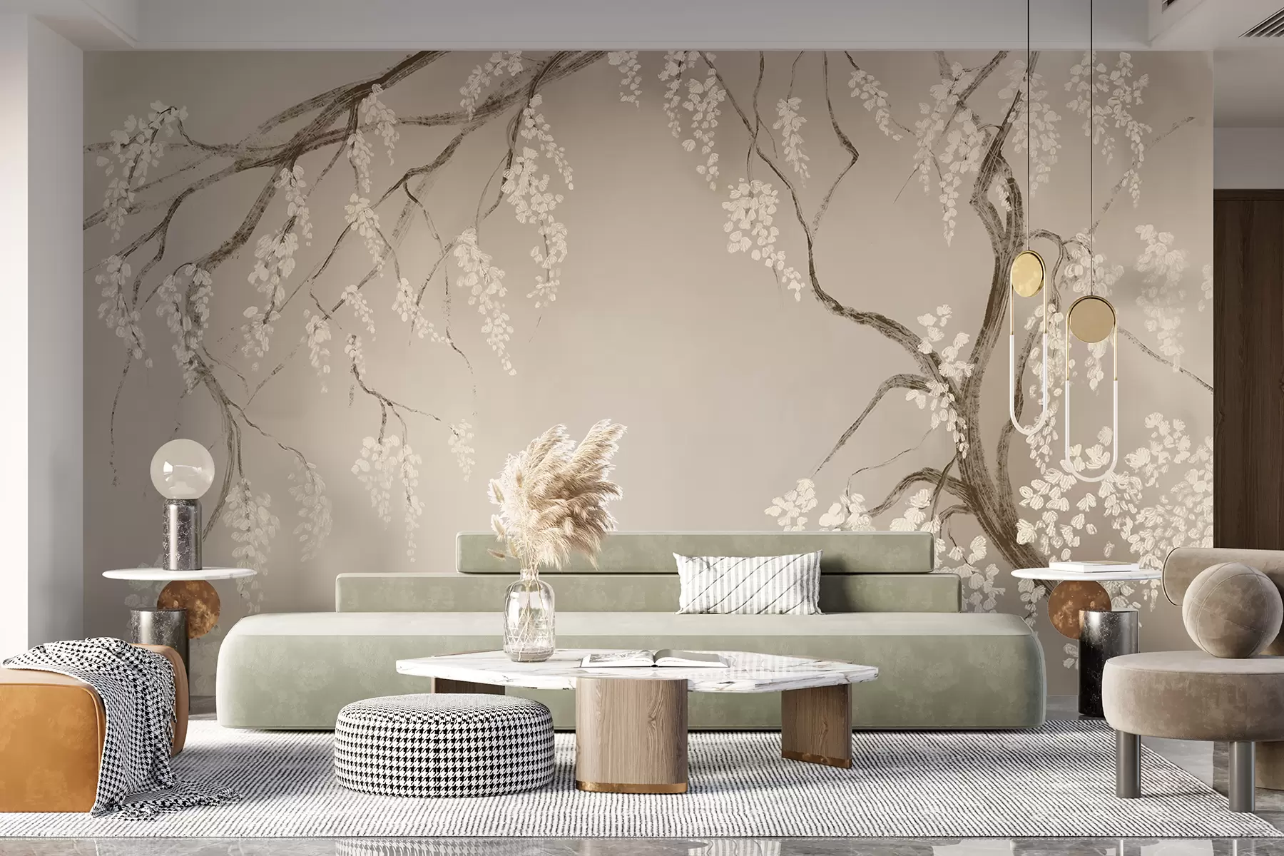 murales de pared Delicado cerezo blanco con flores floreciendo en las ramas sobre un fondo beige w08243