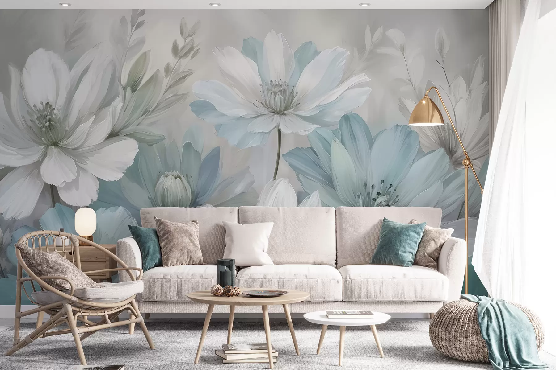 murales de pared Un primer plano de una pintura artística de flores blancas y celestes parecidas a margaritas con fondos suaves y borrosos w08247