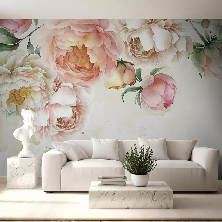 murales de pared Delicadas peonías rosas y blancas con exuberantes hojas verdes sobre un fondo de acuarela claro w08248