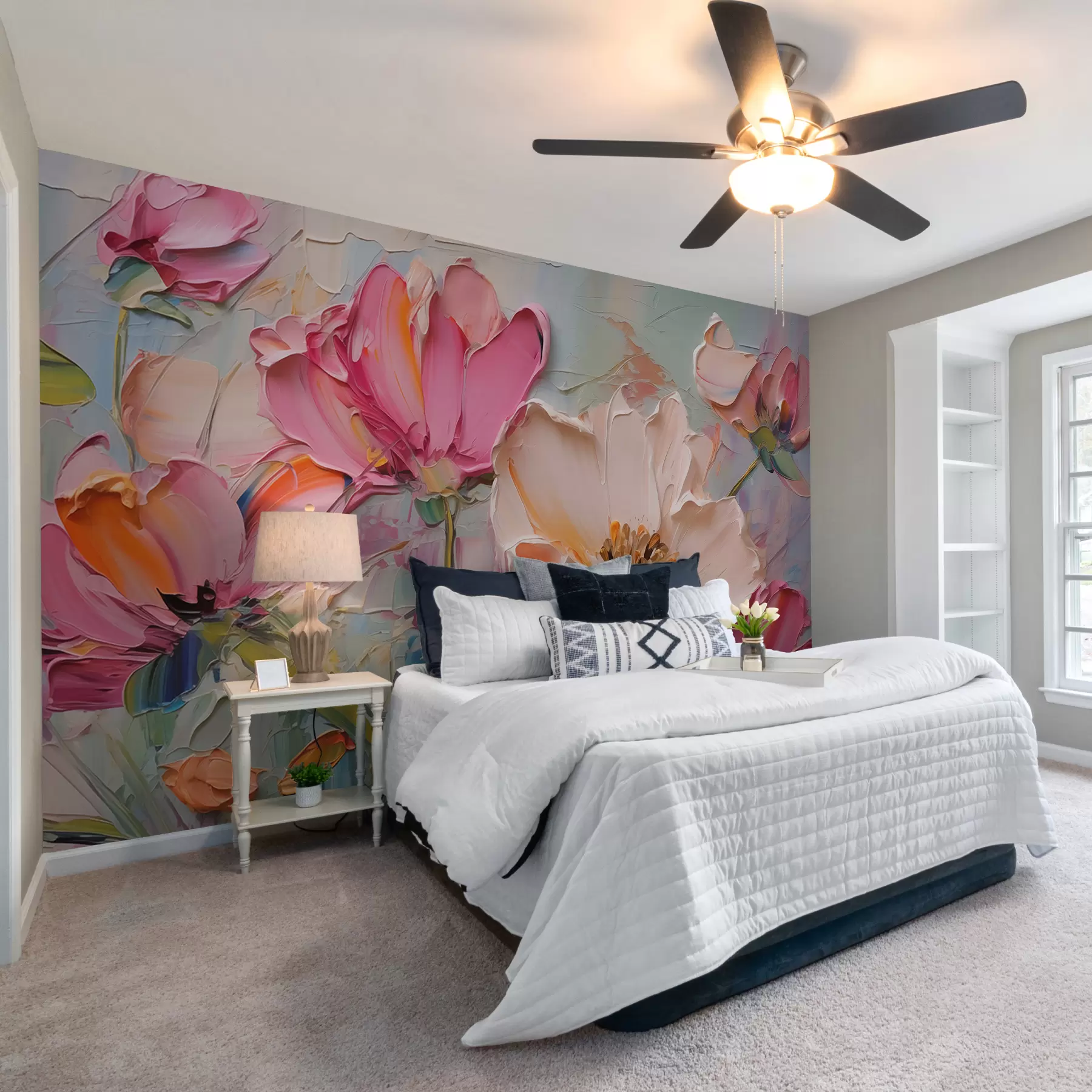 murales de pared Flores de color rosa brillante sobre un fondo gris azulado claro w01039