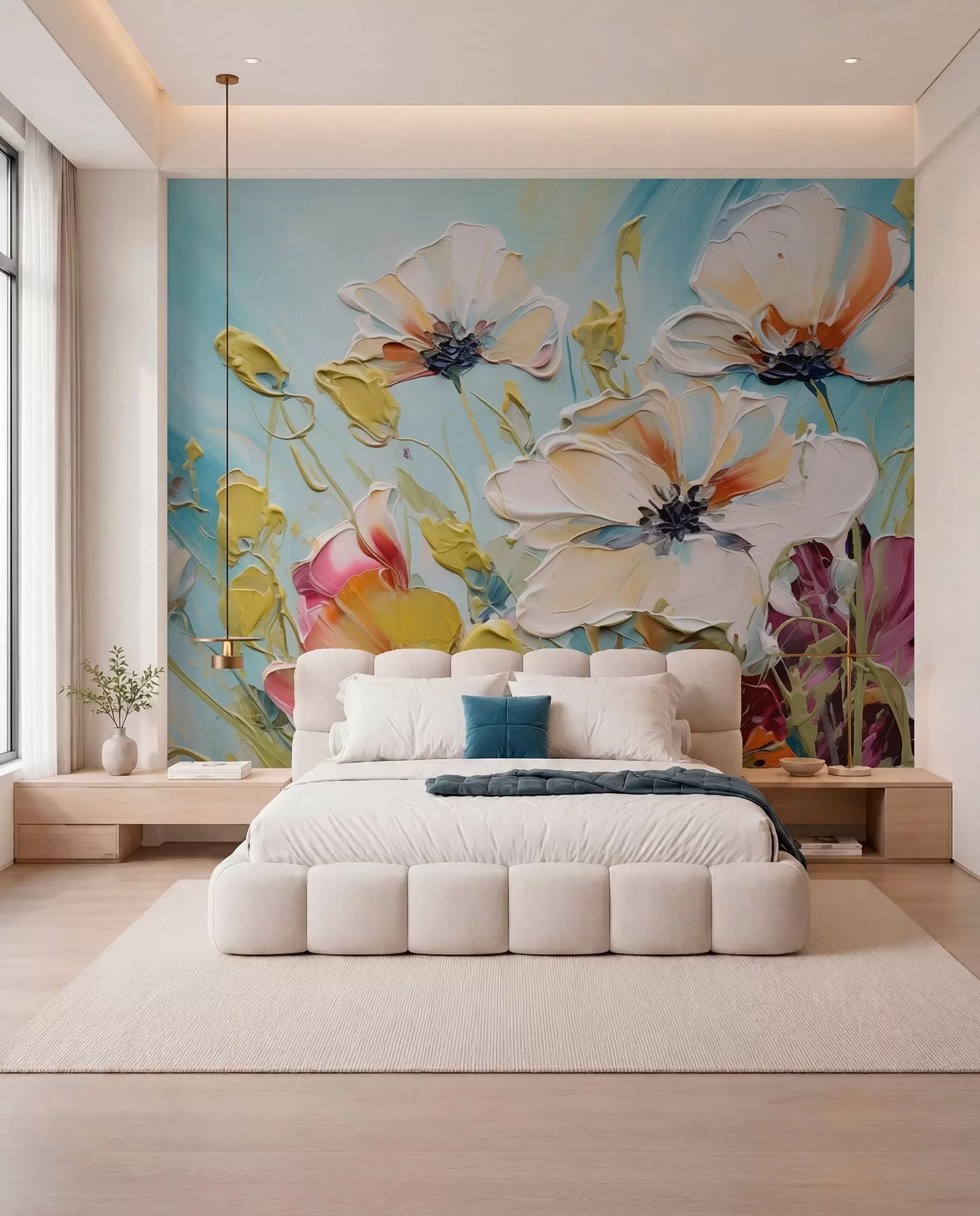 murales de pared Amapolas blancas abstractas sobre fondo azul, imitación de pinceladas w01043