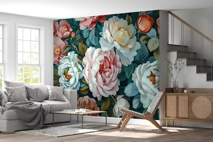 murales de pared Ramo brillante de grandes y exuberantes peonías y rosas florecientes w01495